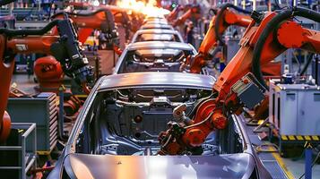 AI generated Futuristic robotic assembly line  efficiently crafting electric cars in high tech factory setting photo