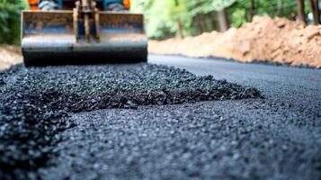 AI generated Asphalt paver machine laying fresh asphalt on new road for optimal search relevance photo