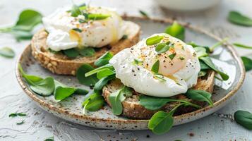 AI generated Gourmet sandwich showcasing exquisite poached eggs   professional food photography photo