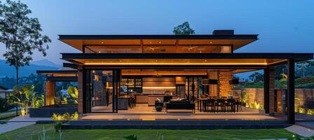 AI generated Contemporary black loft house featuring steel frame pavilion with stunning nature view photo