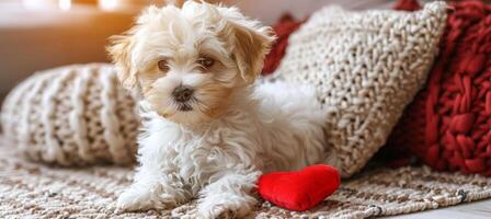 AI generated Fluffy white puppy on plush rug in cozy living room, adoring red heart toy under golden sunlight photo