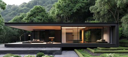 AI generated Modern black loft house with pavilion, steel frame, wood, glass doors, in serene natural setting photo