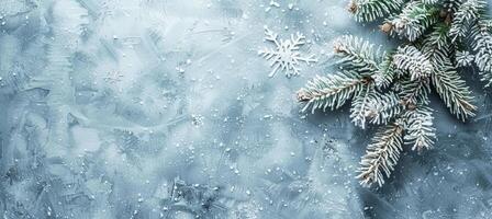 AI generated Festive christmas background with spruce branch and snowflakes frame, perfect for text placement photo