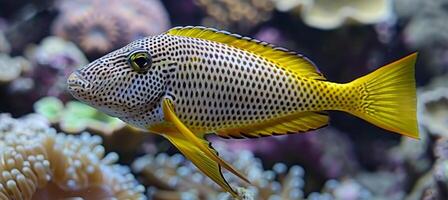 ai generado real grama pescado nadando entre vistoso corales en agua salada acuario ambiente foto