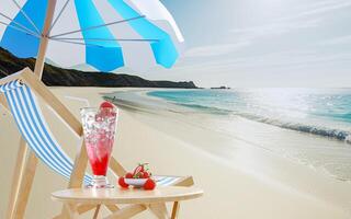 Mocktail Strawberry Soda not mix alcohol. Cool juice drinks with ice cubes. Beach chairs and beach umbrellas on the sandy seaside. 3D Rendering. photo