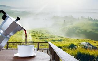 Pour freshly brewed coffee or espresso from the Mocha Pot into a white coffee mug. Hot coffee in a mug placed on the tabletop or wooden balcony. Morning mountain view, morning sunshine. 3D Rendering photo