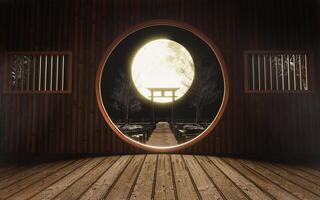 full moon night Bright golden moon. bamboo hut Ancient Chinese style with a wooden bridge stretching out to the sea. shadow stone arch from the moonlight. 3d rendering photo