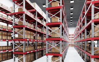 Warehouse and many parcel boxes on shelves and pallets. Stock system in the warehouse. 3d rendering photo