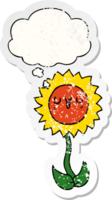 cartoon flower with thought bubble as a distressed worn sticker png