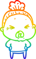 rainbow gradient line drawing of a cartoon angry old woman png