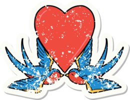 distressed sticker tattoo in traditional style of swallows and a heart png