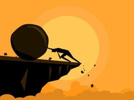 Overcome challenges. Try to push a rock that rolls off a cliff. business concept vector