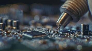 AI generated close up of a electronic circuit board, repair of a computer, close up of a computer board soldering with soldering iron by technician photo