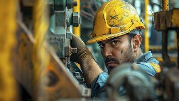 ai generado retrato de un construcción trabajador en un casco, construcción trabajador con amarillo casco a el puesto de trabajo, construcción trabajador haciendo un trabajo foto