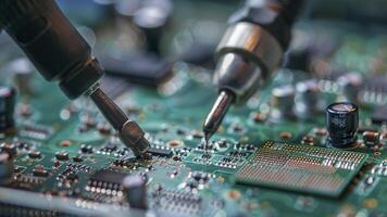 AI generated close up of a electronic circuit board, repair of a computer, close up of a computer board soldering with soldering iron by technician photo