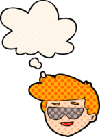 tekenfilm jongen vervelend zonnebril met gedachte bubbel in grappig boek stijl png