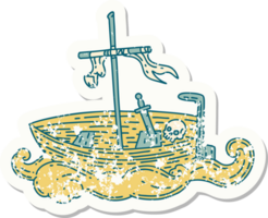 worn old sticker of a tattoo style empty boat with skull png