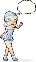 cartoon pretty girl in hat waving with thought bubble png