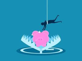 Deception. piggy bank in a bear trap vector