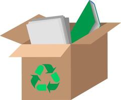 Vector single cardboard box with paper trash and recycle sign isolated on white backgorund