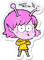 distressed sticker of a cartoon alien girl png