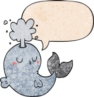 cartoon whale spouting water with speech bubble in retro texture style png