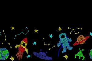 Seamless border with hand drawn stars, flying sauer, planet, mars rover, rocket, earth planet,constellations on black background in childrens naive style. vector