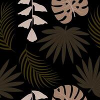 Seamless pattern with hand drawn tropical leaves on black background. vector