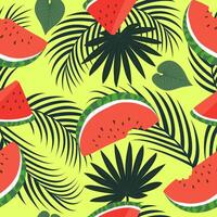 Seamless pattern with hand drawn tropical watermelon and palm leaves on yellow background. vector