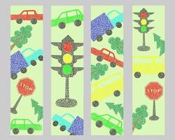 Set bookmarks with hand drawn cars on green background in childrens naive style. vector