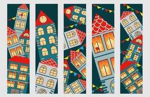 Set bookmarks with hand drawn european city.  Cuzy town houses with red roof. vector