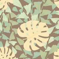 Seamless pattern with hand drawn tropical leaves on brown background. vector