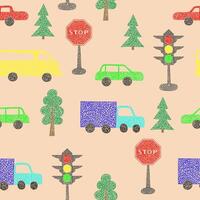 Seamless pattern with hand drawn cars on beige background in childrens naive style. vector