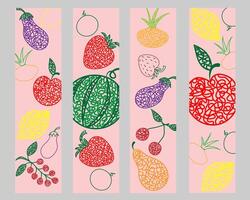 Set bookmarks with hand drawn watermelon, cherry, apple, pear, lemon, strawberry, eggplant, currant, onion on pink background in childrens naive style. vector