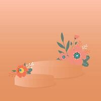 Abstract background in trendy color 2024 Apricot Crush with flowers and  two stands podium, pedestal. vector