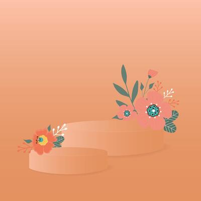Abstract background in trendy color 2024 Apricot Crush with flowers and  two stands podium, pedestal.