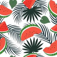 Seamless pattern with hand drawn tropical watermelon and palm leaves on white background. vector