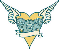 image emblématique de style tatouage d'un coeur avec des ailes et une bannière png