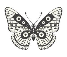 Butterfly illustration, vector. Y2k style aesthetic, wing shapes in front view, a magic ornamental symbol with dots, lines, and rhombus pattern. Black and white element, tattoo graphic print vector