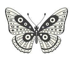 Butterfly illustration, vector. Y2k style aesthetic, wing shapes in front view, a magic ornamental symbol with dots, lines, and rhombus pattern. Black and white element, tattoo graphic print vector