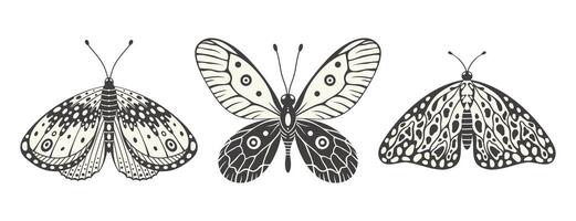 Butterfly and moth set, vector. Y2k style aesthetic, wing shapes in front view, magic symbols collection, abstract illustration. Three black and white elements, tattoo graphic print vector