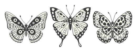 mariposa colocar, Tres elementos, vector. y2k estilo estético, ala formas en frente vista, magia símbolos recopilación, resumen ilustración. negro y blanco tatuaje impresión vector