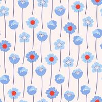 Seamless pattern with blue wildflowers on a white background. Meadow flowers, floral summer vector illustration. Bright spring botanical background, modern style design