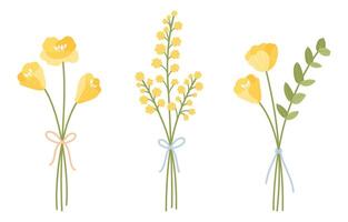 Wildflower bouquets, tied with ribbon. Set of floral vector illustrations. Gentle flowers, meadow herbs, and wild plants for design projects