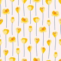 Yellow poppy on a beige background, seamless pattern. Summer bright floral vector illustration. Spring meadow botanical print, wildflower fabric. Modern style design