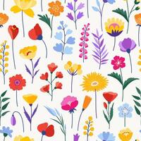 Seamless pattern with colorful wildflowers on a white background. Meadow herbs and flowers. Floral summer vector illustration. Bright spring botanical background, modern style design