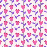 Pink field bells with violet leaves on a beige background, seamless pattern. Summer floral vector illustration. Spring meadow botanical print, wildflower wallpaper, fabric. Modern style design