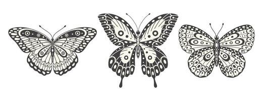 Butterfly set, vector. Y2k style aesthetic, wing shapes in front view, magic symbols collection, abstract illustration. Three black and white elements, tattoo graphic print vector