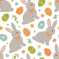 Seamless pattern with easter eggs, rabbit and flowers. Cute holiday background. Vector flat illustration on white