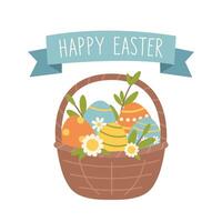 Easter basket with colorful eggs, branches and flowers and text Happy Easter. Vector flat illustration on white background